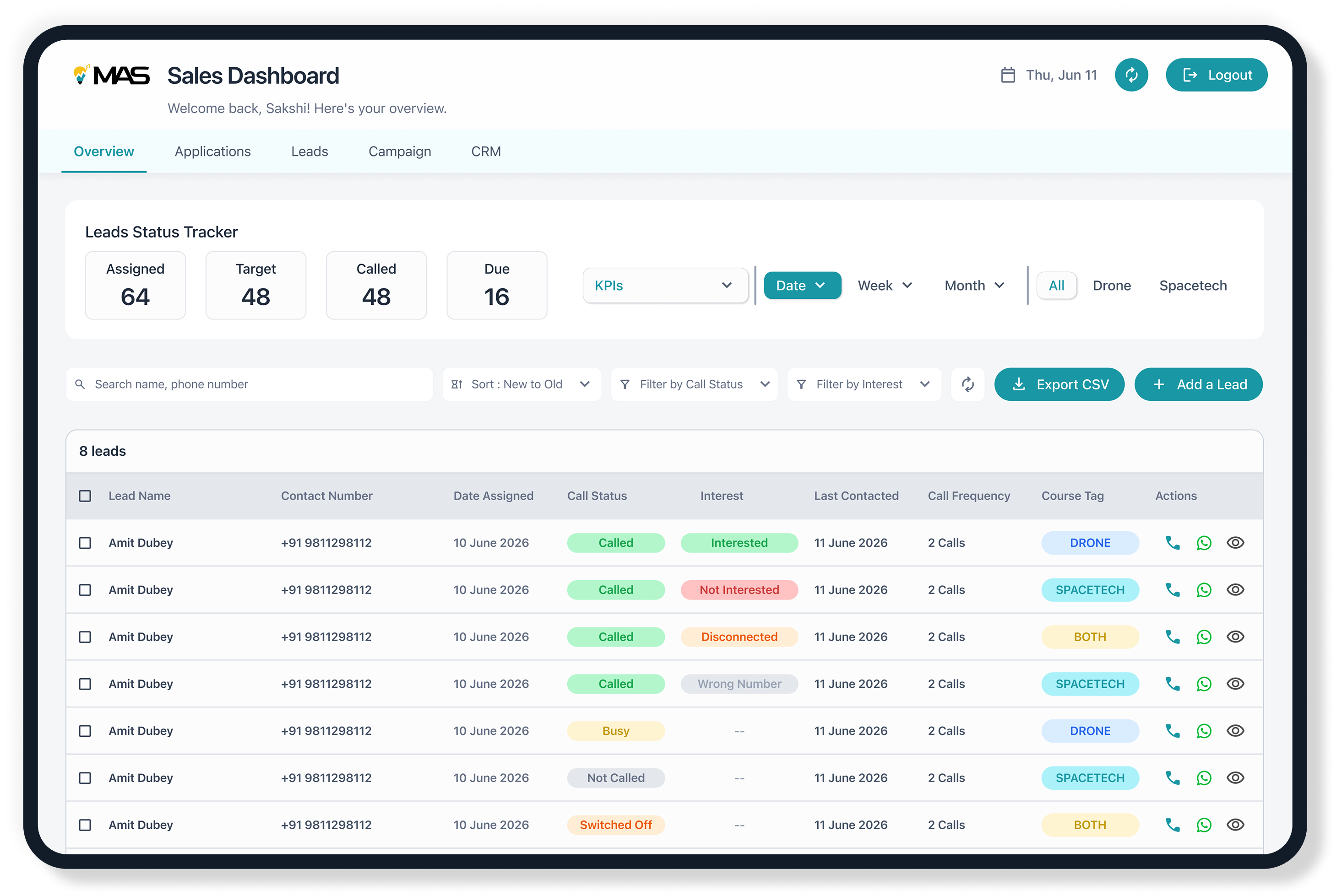 Tele Caller's Dashboard CRM Screen 1 Showcase